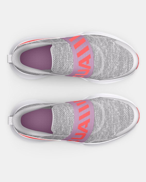 Girls' Grade School UA Surge 3 Slip Running Shoes in Gray image number 2